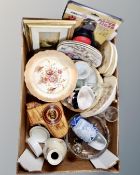 A box containing assorted ceramics including Crown Devon collectors plates, character jug,