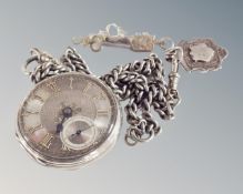 A silver cased pocket watch, Chester 1878, with silver Albert chain and fob,