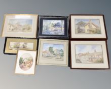 A box containing seven assorted antique and later watercolours including a study of a river through