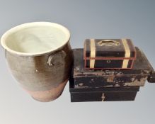 A large stoneware crock pot together with a vintage metal cash box and two deed boxes.