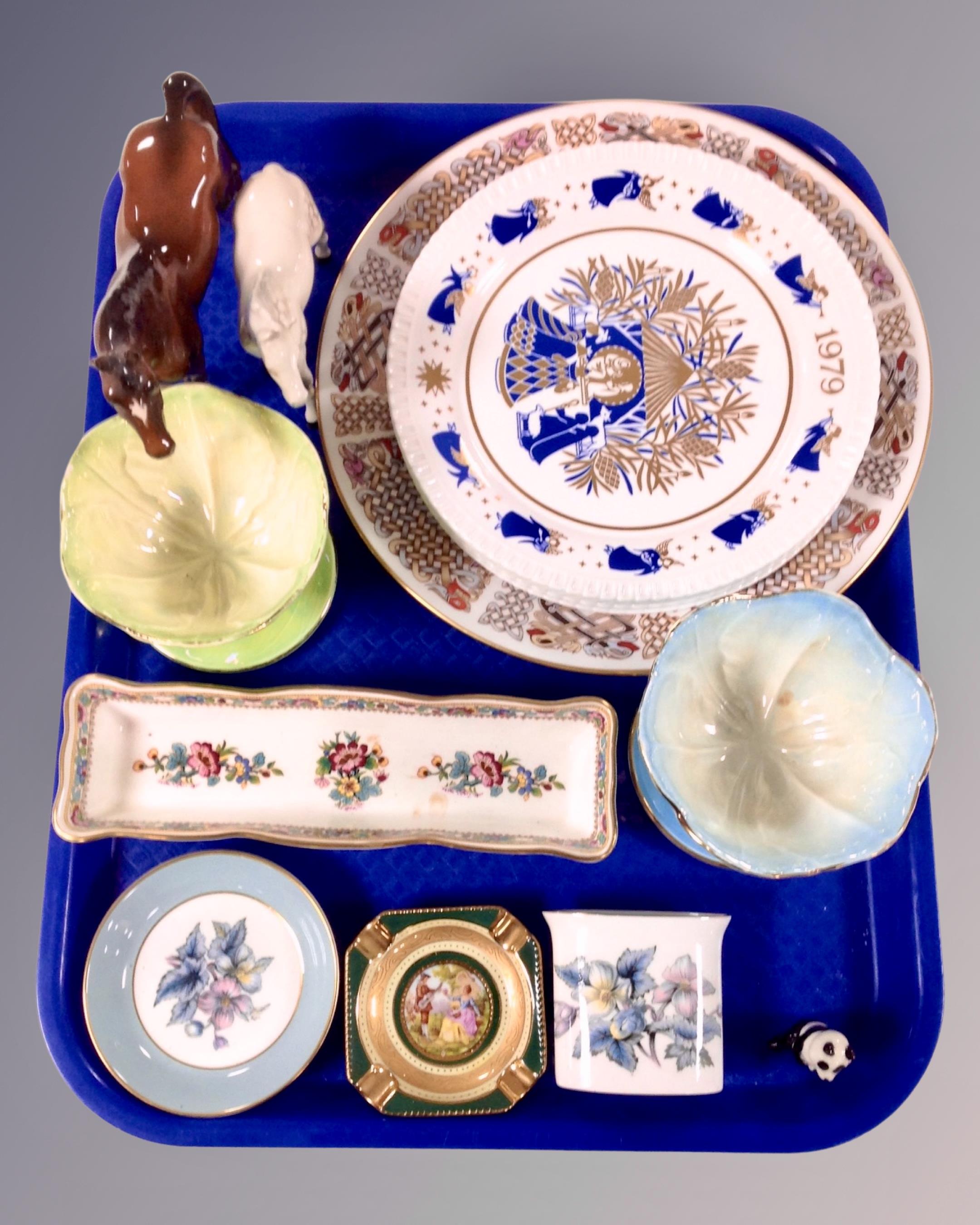 A tray containing assorted ceramics including Royal Doulton horse, Spode Christmas plates,