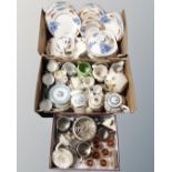 Three boxes containing antique and later ceramics including dinnerware, Ridgway tea china,