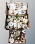 Three boxes containing antique and later ceramics including dinnerware, Ridgway tea china,