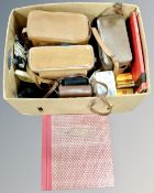 A box of vintage cameras, camera cases and accessories, Spectosun lamp,