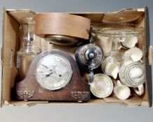 A box of two 20th century mantel clocks (a/f), glass comport,