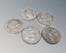 Five American white metal copy coins including an 1851 $1, a 1799 Liberty $1,