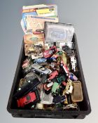 A crate containing Centenary of Cars die cast vehicles and magazines together with other die cast