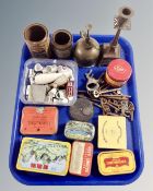 A tray containing antique keys, brass oil can, vintage tins, china thimbles etc.