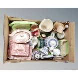 A box containing assorted ceramics including Maling, Royal Doulton figure Emma HN3208,