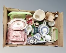 A box containing assorted ceramics including Maling, Royal Doulton figure Emma HN3208,