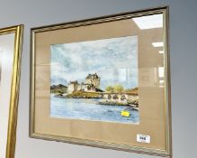 Norman Heron : Castle by a loch, watercolour, 32cm by 27cm.
