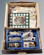 A box of a quantity of stamps, cigarette cards, part Historic Cars coin set, assorted coins,