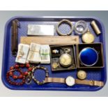 A tray containing a cut glass silver rimmed salt, assorted pocket watches,