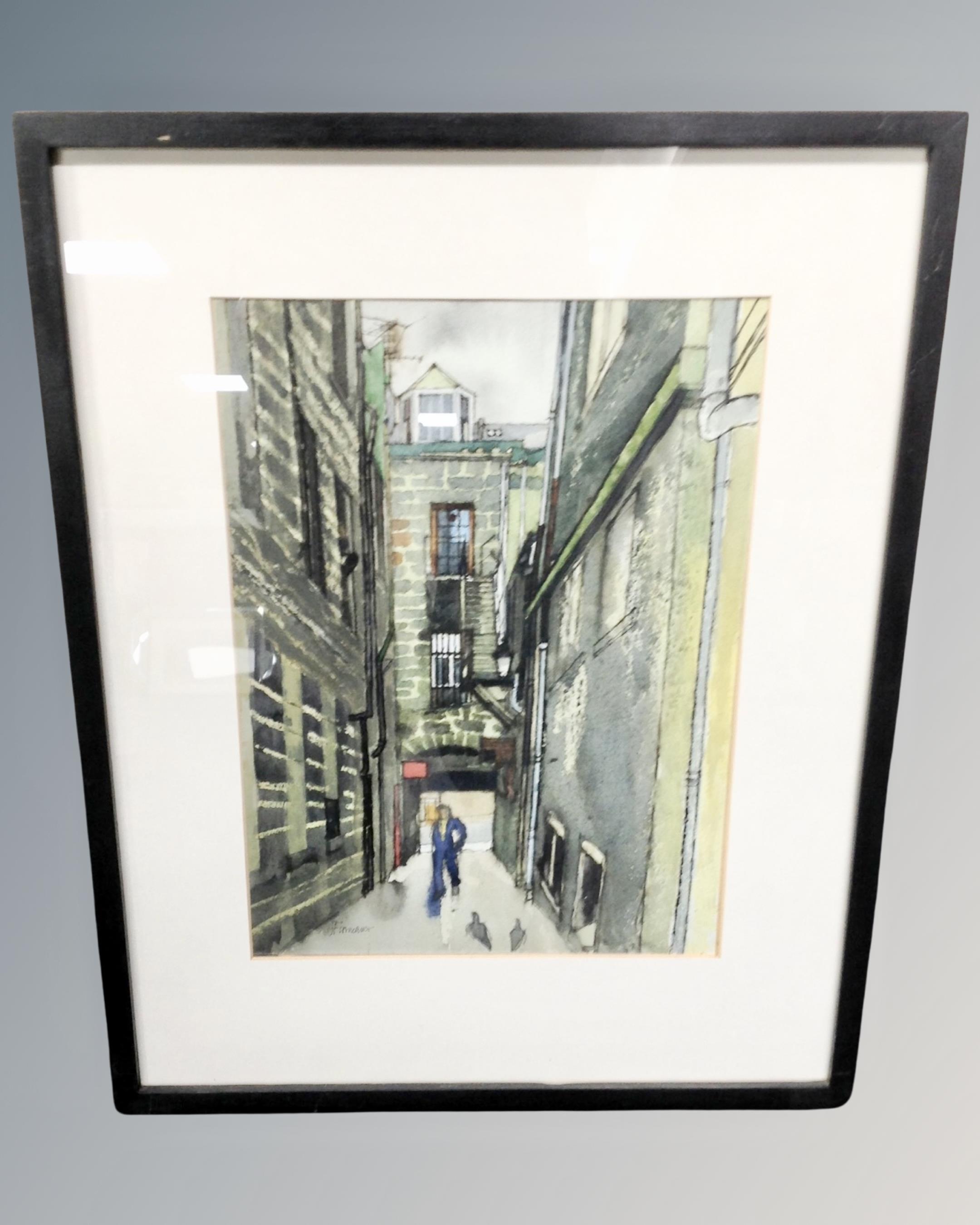 Jimmy Furneaux : Man in alleyway, watercolour, in frame and mount.