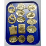 A tray containing assorted brass vintage car club plaques and horse brasses.