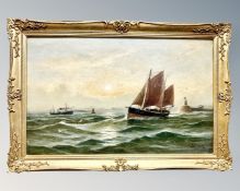 John Davison Liddell (1858 - 1942) : Leaving The Tyne, Sunset, oil on canvas, signed, 35 cm x 55 cm,