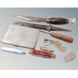 A box containing a 20th century English hunting knife, assorted hunting knives, bottle opener,