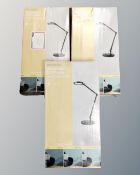 Three Goodhome Moxette integrated LED table and clip lamp, boxed.