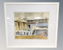 A 20th century watercolour drawing depicting an industrial scene, 50cm by 41cm.