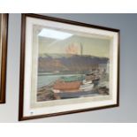After Charles Pears : Boats on a river, colour print, signed in pencil, 71cm by 53cm.