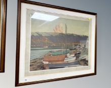 After Charles Pears : Boats on a river, colour print, signed in pencil, 71cm by 53cm.