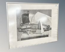 Sofus Rindel (Danish School, 20th Century) : Still life with Violin and Metronome, etching,