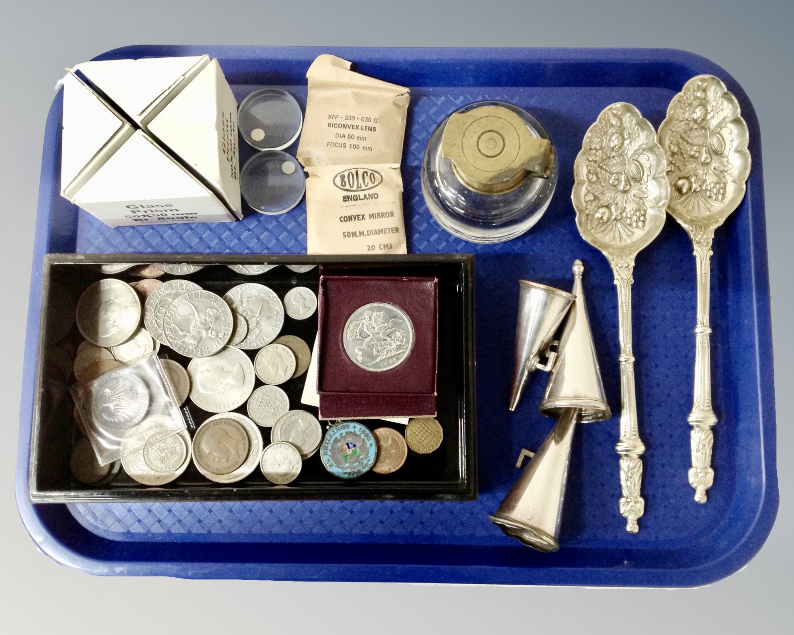A tray containing a lacquered trinket box containing assorted pre-decimal coinage, crowns,