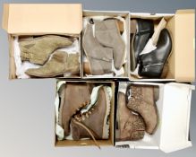 A box containing five pairs of lady's ankle boots including Vionic, Clark, Kensie etc.