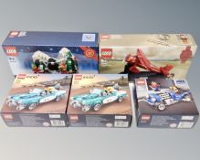 Lego : Five Lego sets 40450 Amelia Earhart Tribute, 40409 Hot Rod,