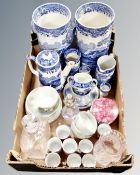 A box containing assorted ceramics and glassware including Spode Tower blue and white tea ware,