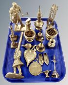 A tray containing assorted brass ware including brass ornaments,