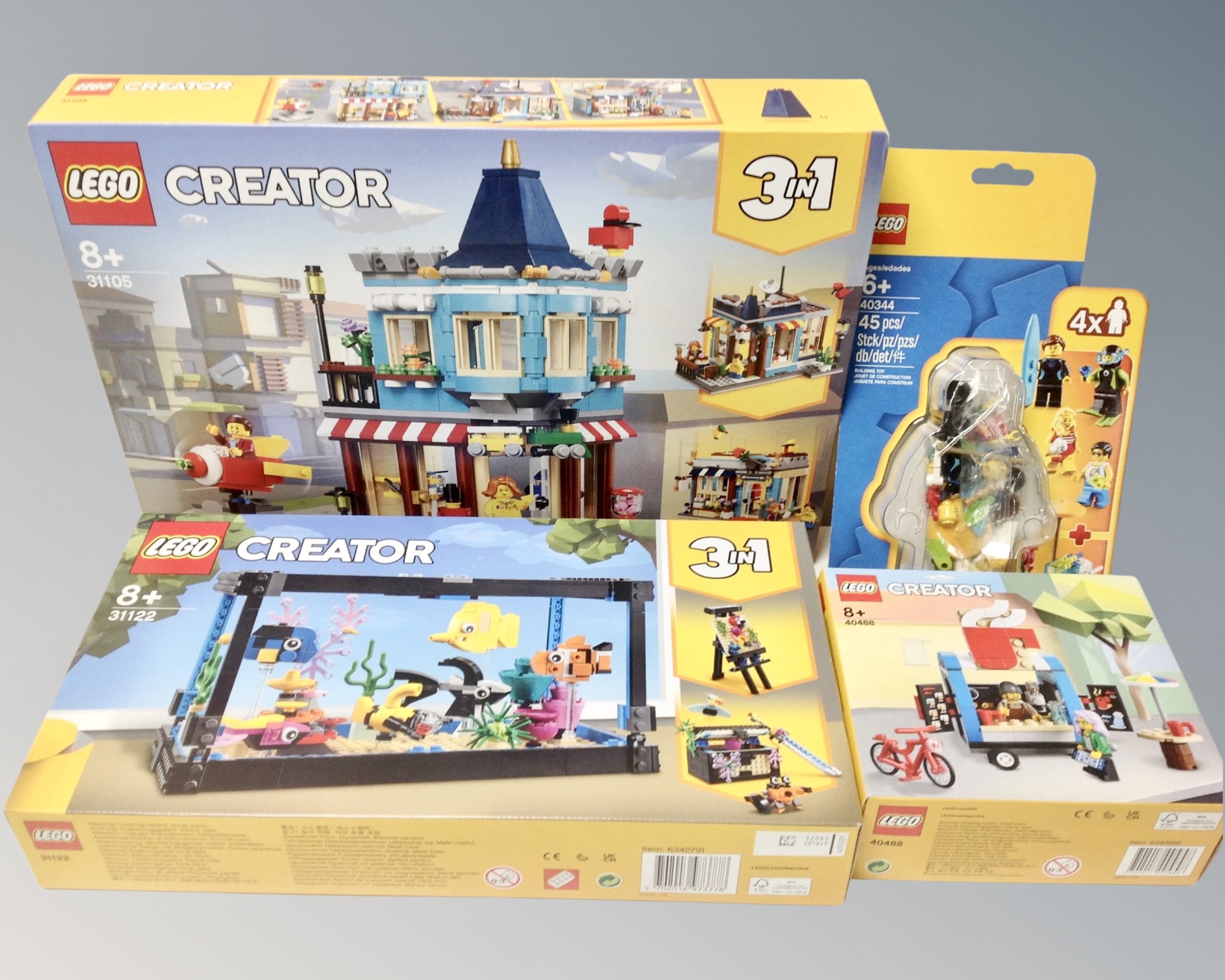 Lego : Three Lego Creator sets, 31005 3 in 1 Shop, 31122 Fish Tank and 40488 Coffee Vendor,