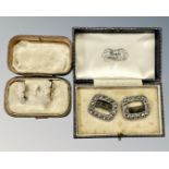 A pair of 19th century pearl earrings and a pair of buckles.