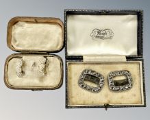 A pair of 19th century pearl earrings and a pair of buckles.