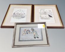 A pair of Henry Brewis satirical prints together with a further Sydney Carter post card race course