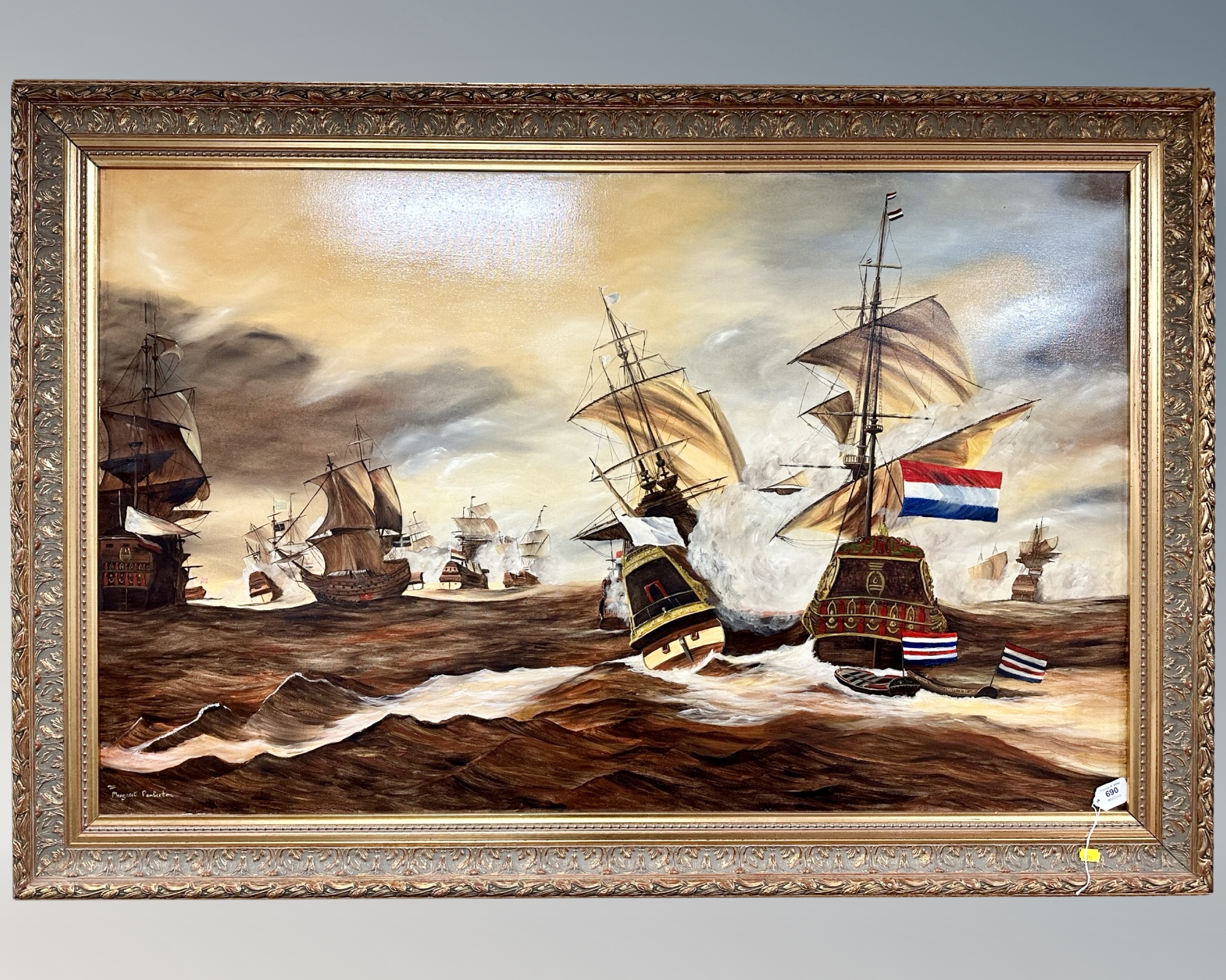 Margaret Pemberton : Naval battle scene in rough seas, oil on canvas, 121cm by 76cm.