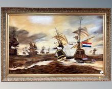 Margaret Pemberton : Naval battle scene in rough seas, oil on canvas, 121cm by 76cm.