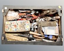 A box containing a good selection of vintage and later hand tools including chisels, screwdrivers,