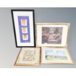 A vintage framed needlework panel together with three prints.