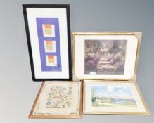 A vintage framed needlework panel together with three prints.