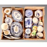 Two boxes containing antique and later blue and white ceramics including cheese dish with cover,