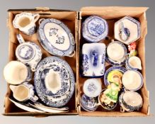 Two boxes containing antique and later blue and white ceramics including cheese dish with cover,