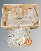 Two boxes containing a quantity of assorted glassware, oil lamp, jelly mould etc.