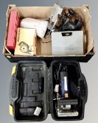 A box containing power tools including biscuit jointer, cased, Black and Decker router,