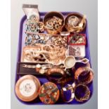 A tray containing trinket boxes, costume jewellery, rosary beads, simulated pearl necklaces,
