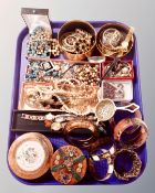 A tray containing trinket boxes, costume jewellery, rosary beads, simulated pearl necklaces,