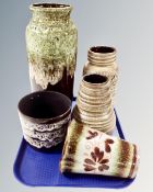 A tray containing three 20th century West German vases together with a West German planter and a