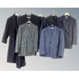 Six assorted gent's jackets and two piece suits together with a wool coat and hat.