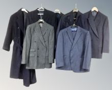 Six assorted gent's jackets and two piece suits together with a wool coat and hat.