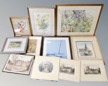 A box containing assorted pictures including watercolour studies of flowers by Anne Healy,